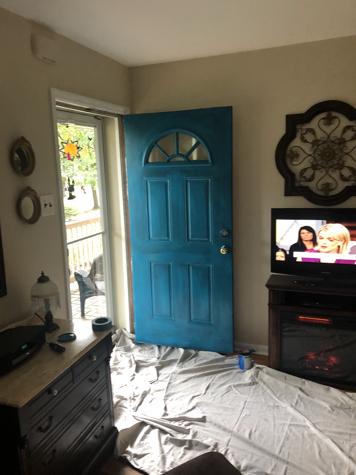 Freshly painted teal front door